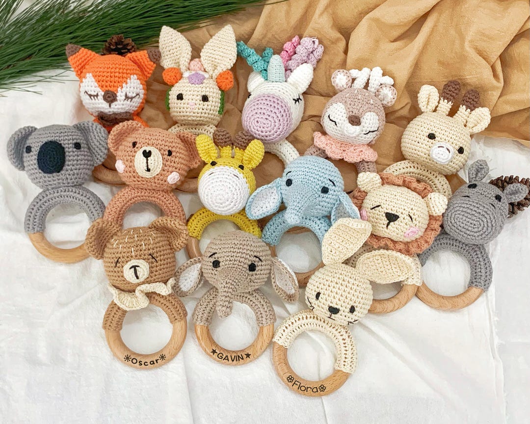 Custom Baby Shower Gift · Engraved Animal Crochet Rattle With Name ...