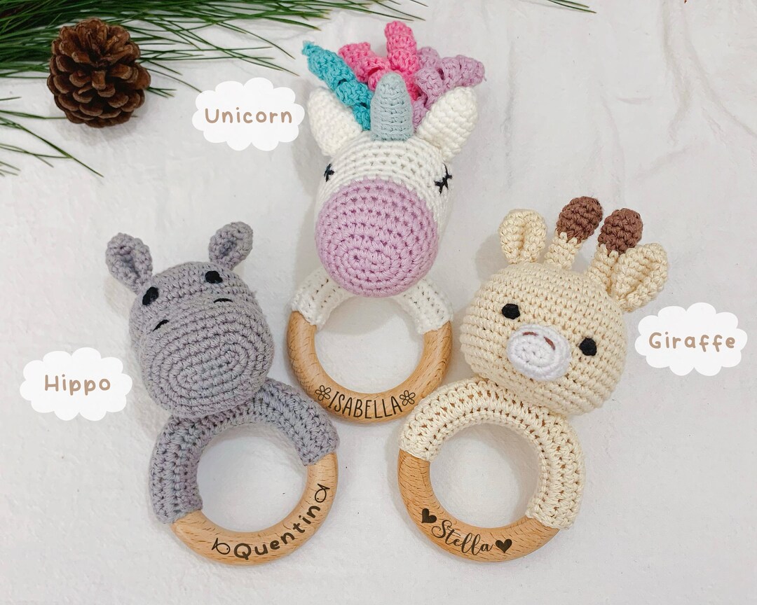 Engraved Animal Crochet Rattle With Name for Baby Custom Wooden Baby ...