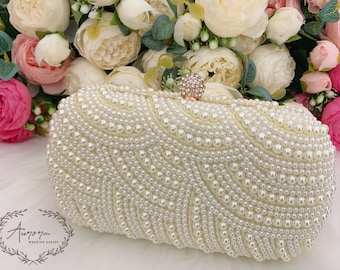 Perlen Perlen Clutch Tasche, Ivory Braut Abend Geldbörse
