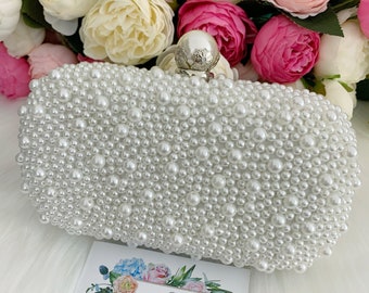 Pearl Clutch Bag, Pearl Evening Bag, Bridal Clutch with Pearls, Beaded Pearl Clutch, White Pearl Purse, Wedding Clutch, Personalized Bag