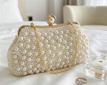 Personalized Pearl Bridal Clutch, Gold Trim, Wedding Handbag
