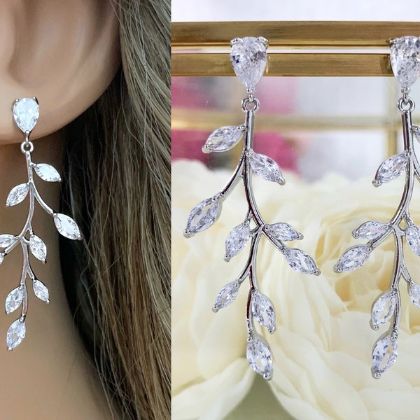 Bridal Wedding Silver Vine Earrings, Long Dangle Bridal Earrings, Bridal Jewelry, Wedding CZ Earrings, Swarovski Boho Earrings