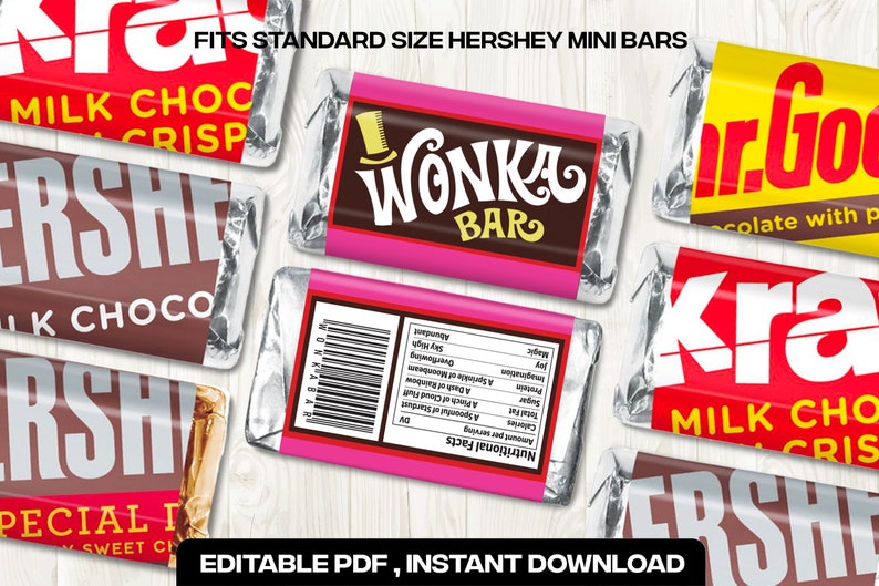Wonka Chocolate Bar Label Digital PDF for Hershey's Mini Bar DIY Wrapper, Party Favor, Halloween, Birthday, Wedding image 1