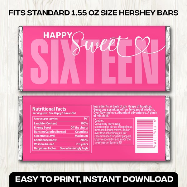 Sweet 16 Chocolate Bar Wrapper Printable - Hershey's 1.55oz DIY Label - Custom Sweet Sixteen Birthday Party Favor - PDF Download