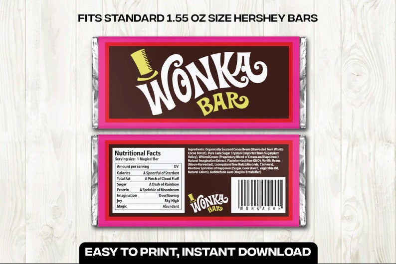 Wonka Chocolate Bar Label Digital PDF for Hershey's 1.55oz DIY Wrapper, Party Favor, Halloween, Birthday, Wedding image 2