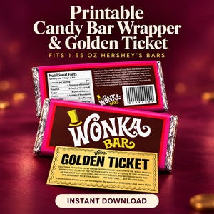 Könnte beinhalten: Ein druckbares Set aus Schokoriegelverpackung und goldenem Ticket für 1,55 oz Hershey's Riegel. Die Verpackung zeigt ein rosa-braunes Wonka-Bar-Design mit Nährwertangaben, während das goldene Ticket gelb mit schwarzem Text bedruckt ist.