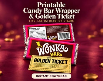 Peut inclure: Un ensemble d'emballage de barre chocolatée et de ticket d'or imprimable pour barres Hershey's de 1,55 oz. L'emballage présente un design Wonka Bar rose et marron avec des informations nutritionnelles, et le ticket est jaune avec du texte noir.