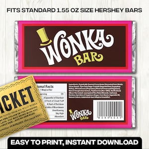 Wonka Chocolate Bar Label PDF digitale per Hershey's 1.55oz Involucro fai da te, bomboniera, Halloween, compleanno, matrimonio immagine 1