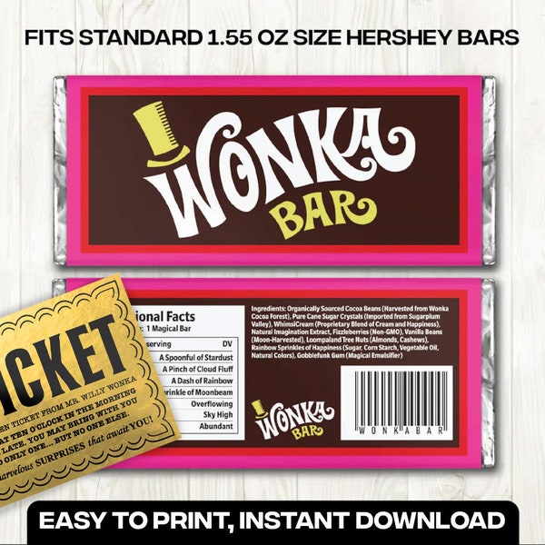 Étiquette de barre de chocolat Wonka - PDF numérique pour Hershey's 1,55 oz - emballage DIY, cadeau de Noël, Halloween, anniversaire, mariage