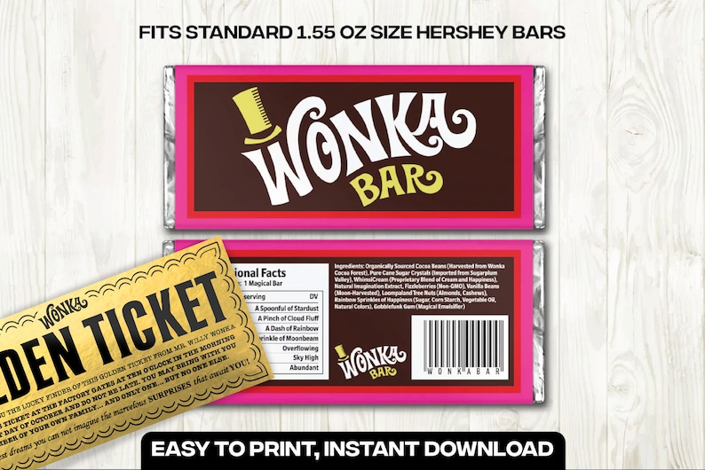 Wonka Chocolate Bar Label Digital PDF for Hershey's 1.55oz DIY Wrapper, Party Favor, Halloween, Birthday, Wedding image 1