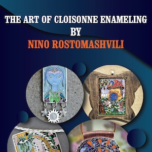 May include: Four cloisonné enamel pendants, each with a different design. The pendants are displayed on a blue background with circles. The pendants are a girl with a crown, a house with a red roof, a floral design, and a spiral.