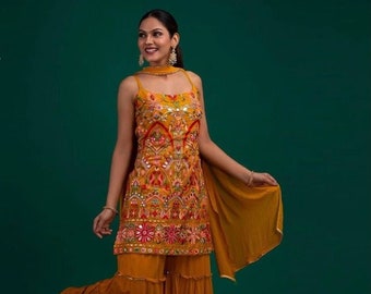 Yellow Red Indian Pakistani Wedding Sharara Suits, Readymade Stitched Salwar Suit, Gharara Suit, Salwar Kameez For Women And Girls