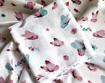 Butterflies Muslin Blanket 75x75 cm | 100% Organic Cotton Unisex Muslin Square | Soft Muslin Gift