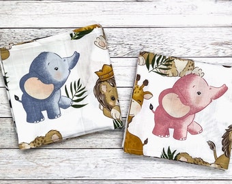 Super Soft Muslin Blanket 75cm x 75cm | 100% Organic Cotton Unisex Muslin Square | Safari Animals Elephant Design Choose Your Colour