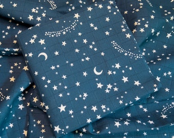 Super Soft Stars and Moon Blue Muslin Blanket |  75x75 cm | 100% Organic Cotton Muslin Square