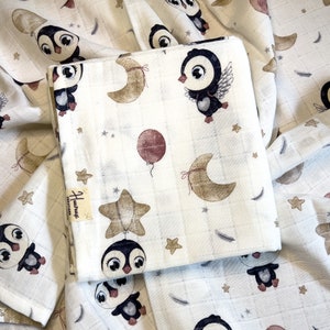 Mussola morbida biologica 75 x 75 cm / 100% cotone biologico, quadrato unisex in mussola / regalo / Baby Penguins