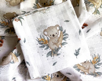 Koala Muslin Blanket 75x75 cm | 100% Organic Cotton Unisex Muslin Square | Soft Muslin Gift
