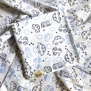 Mussola morbida biologica 85 x 85 cm / 100% cotone biologico, quadrato unisex in mussola / regalo / veicoli