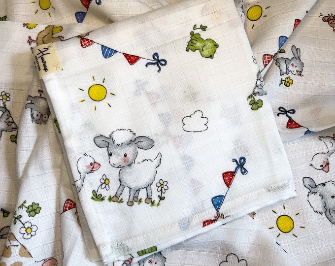 Organic Soft Muslin 75x75 cm | 100% Organic Cotton Unisex Muslin Square | Gift | Cute Farm