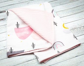 Double Sided Muslin Pique 70x105 cm | Pink | Rainbow | 100% Organic Cotton Unisex Blanket | Medium Thickness