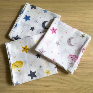 Mussola morbida in cotone biologico al 100% 85 x 85 cm / Cielo notturno / Quadrati di mussola unisex / Regalo / Scegli il tuo colore