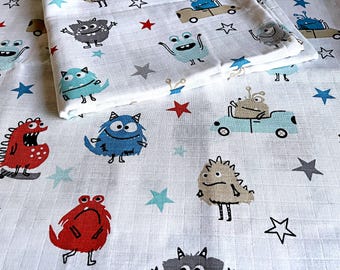 Happy Monsters Large Muslin Blanket 120x120 cm | 100% Organic Cotton Unisex Muslin Square | Soft Muslin Gift