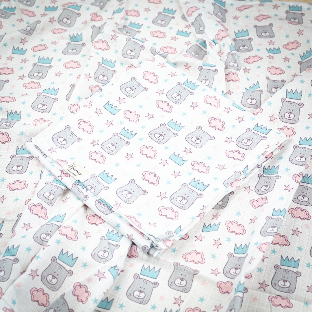 Bears and Clouds Muslin Blanket 75x90 Cm 100 Organic Cotton Muslin