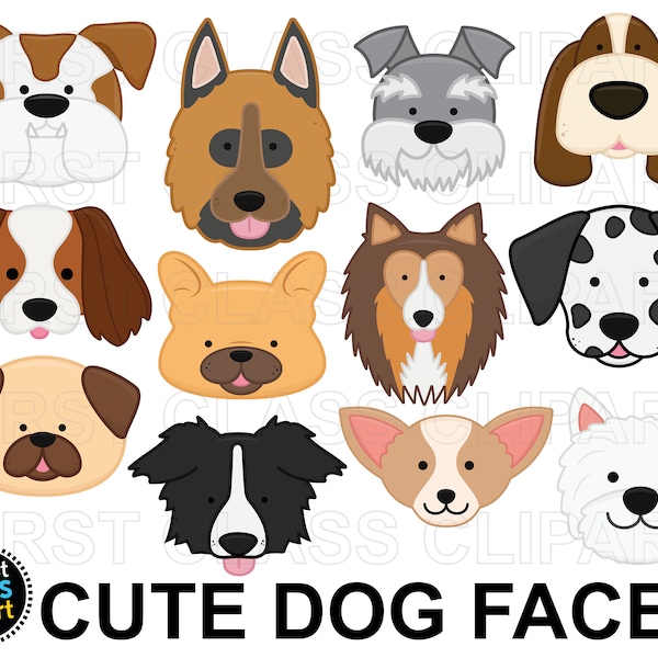 Cute Dog Faces Clipart, Bulldog, Sheep Dog, Westie, German Shepherd, Pug, French, Small commercial use, svg and png