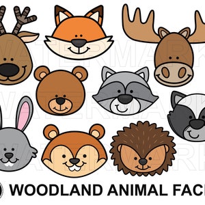 Visages d’animaux des bois, renard, écureuil, orignal, hérisson, ours, lapin, cerf, mouffette, utilisation commerciale, svg, png