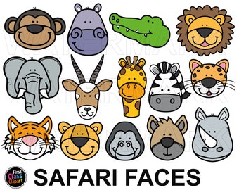 Safari Animal Faces Clipart, Lion, Tiger, Elephant, Monkey, Leopard, Gorilla, Giraffe, Rhino Clipart, svg, png, commercial use