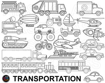 交通クリップアート、警察、トラック、タクシー、消防車、ゴミ収集車、ボート、ツェッペリン、デジタルスタンプ、SVG、PNG、小規模商用利用