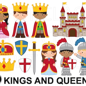 Könnte beinhalten: Clipart-Set mit Königen und Königinnen, Rittern und einem Schloss. Das Set enthält einen König und eine Königin, die Kronen und Roben tragen, einen Ritter mit Schwert und Schild und ein Schloss mit rotem Dach und gelben Fenstern. Das Set ist perfekt für Aktivitäten im Klassenzimmer oder Bastelarbeiten.