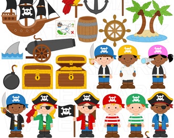 May include: A set of colorful pirate clip art images, including a pirate ship, treasure chests, a parrot, a cannon, a pirate flag, an anchor, a steering wheel, a tropical island, a bomb, and pirates wearing eye patches and bandanas.