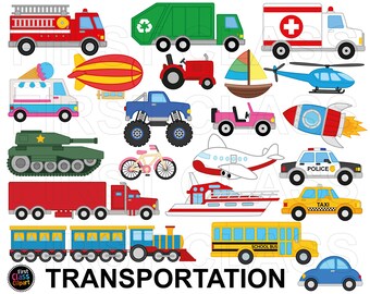 交通クリップアート、警察、トラック、タクシー、消防車、ゴミ収集車、ボート、ツェッペリン、ヘリコプター、SVG、PNG、商用利用