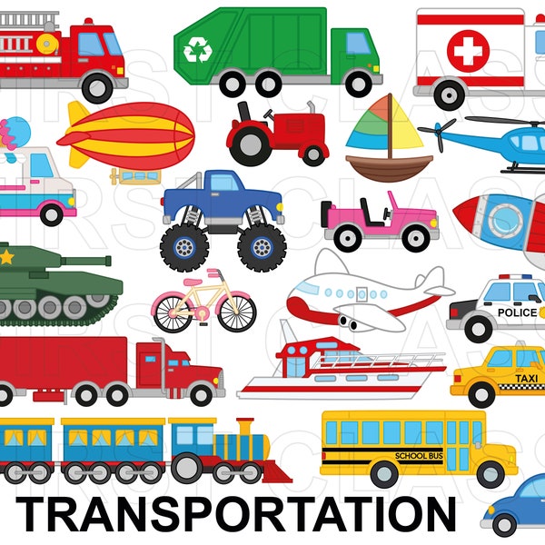 Transportation Clipart, police, truck, taxi, fire truck, garbage truck, boat, zeppelin, helicopter, svg, png, commercial use