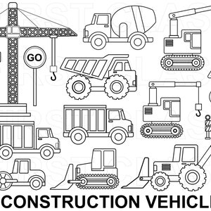 Bouwvoertuigen clipart, Vrachtwagen, bulldozer, vrachtwagen, Kraan, tractor, cementmixer, digitale stempel zwart-wit, svg, png commercieel gebruik