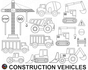 建設車両のクリップアート、トラック、ブルドーザー、大型トラック、クレーン、トラクター、セメントミキサー、デジタルスタンプ白黒、SVG、PNG 商用利用