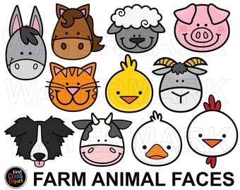 農場の動物の顔のクリップアート、犬、牛、鶏、ヤギ、羊、豚、アヒル、猫、馬、ロバのクリップアート、商用利用、SVG および PNG
