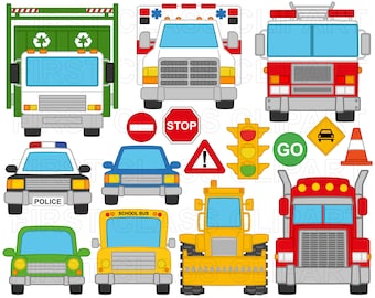 Imágenes Prediseñadas de transporte, policía, camión, camión de bomberos, camión de basura, tractor, autobús escolar, ambulancia, svg, png, uso comercial