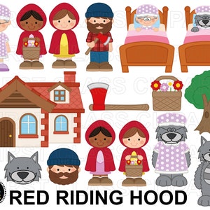 May include: Red Riding Hood themed clip art set featuring a red hooded girl, a wolf, a grandmother, a woodsman, a basket of flowers, a house, a bed, a tree, and a basket of flowers.