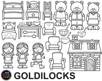 ゴルディロックスと三匹の熊のクリップアート、熊のクリップアート、ゴルディロックスのクリップアート、小規模な商用利用、SVG および PNG、デジタル スタンプ