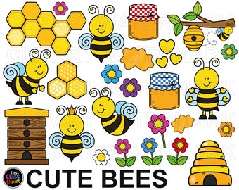 かわいい蜂のクリップアート、蜂と虫のクリップアート、蜂の巣のクリップアート、蜂蜜、瓶、ハート、小規模な商用利用、SVG および PNG