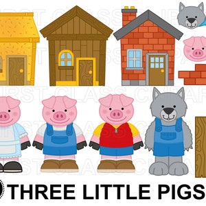 Imágenes Prediseñadas de tres cerditos, imágenes prediseñadas de fábulas y cuentos de hadas, imágenes prediseñadas de lobo, cerdo, casa de paja, casa de ladrillo, pequeño uso comercial svg y png