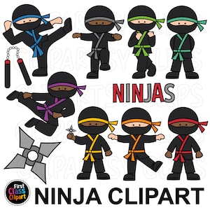 May include: Clip art set of ten black ninjas with different colored sashes and headbands. The ninjas are in various poses, including throwing a star, holding a sword, and standing with their hands on their hips. The text "NINJAS" is written in red and gray letters at the bottom of the image. The text "NINJA CLIPART" is written in black letters at the bottom of the image.