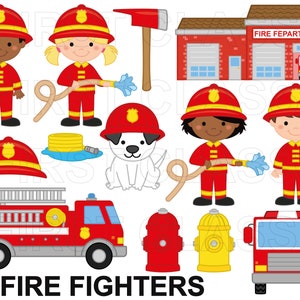 May include: A set of illustrations featuring firefighters, fire trucks, fire hydrants, and a fire station. The illustrations are in a cartoon style and feature bright colors, such as red, yellow, and blue. The illustrations are perfect for use in educational materials, crafts, or decorations.