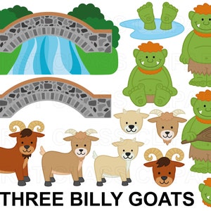 Three Billy Goats Gruff Clipart, Troll Clipart, Goats, Bridge, River, Cute animals, small commercial use png and svg