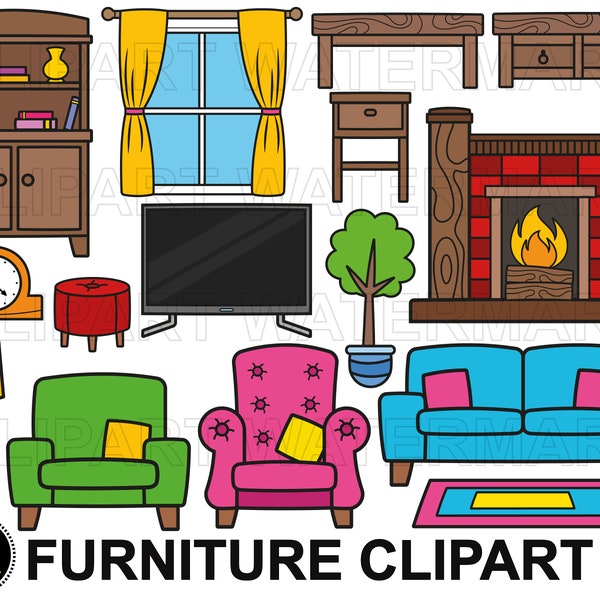 Meuble Clipart, Canapé, Fauteuil, Table, Table Basse, Tapis, Horloge, oreillers, clipart cheminée, png et svg haute résolution