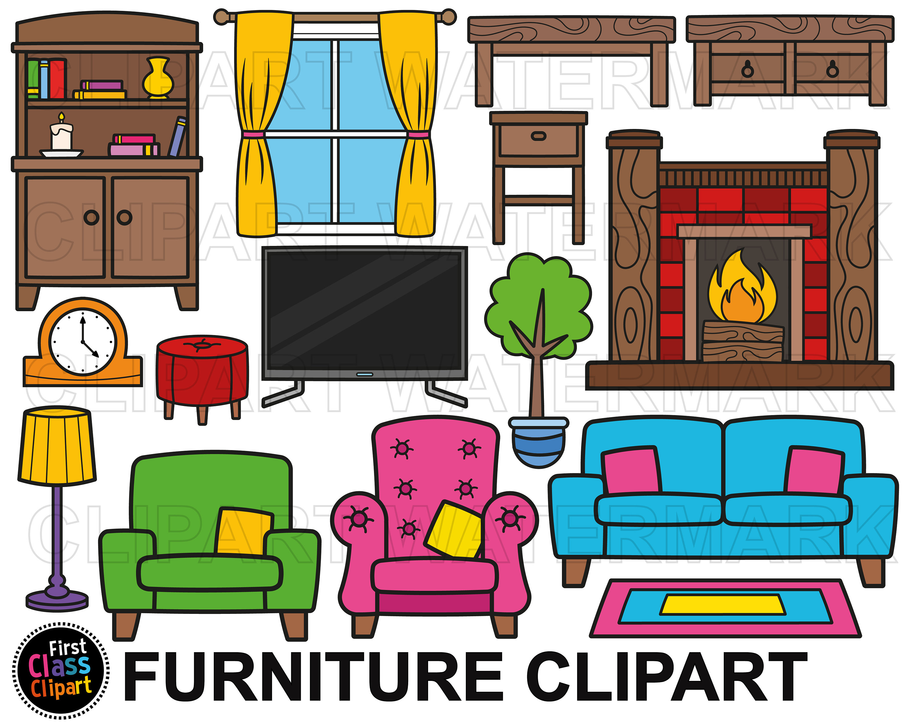 Premium Vector  Home furniture big clipart set household items sofa chair  wardrobe and plants are funny