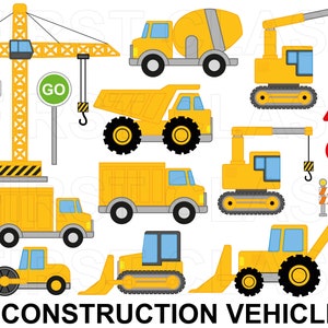 May include: A set of ten yellow construction vehicles, including a crane, dump truck, cement mixer, bulldozer, excavator, and a road roller. The vehicles are all cartoon-style illustrations with black outlines and simple details. There are also several traffic signs, including a stop sign, a go sign, a warning sign, and a road closed sign.