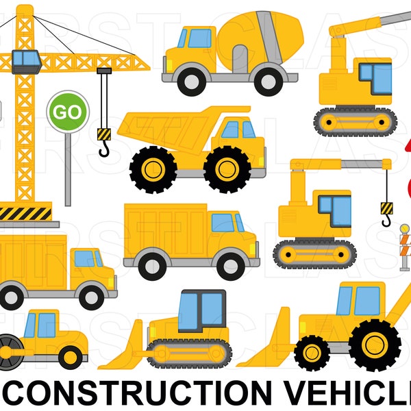 Clipart de véhicules de construction, camion, bulldozer, camion, grue, tracteur, bétonnière, clipart constructeur, svg, png utilisation commerciale